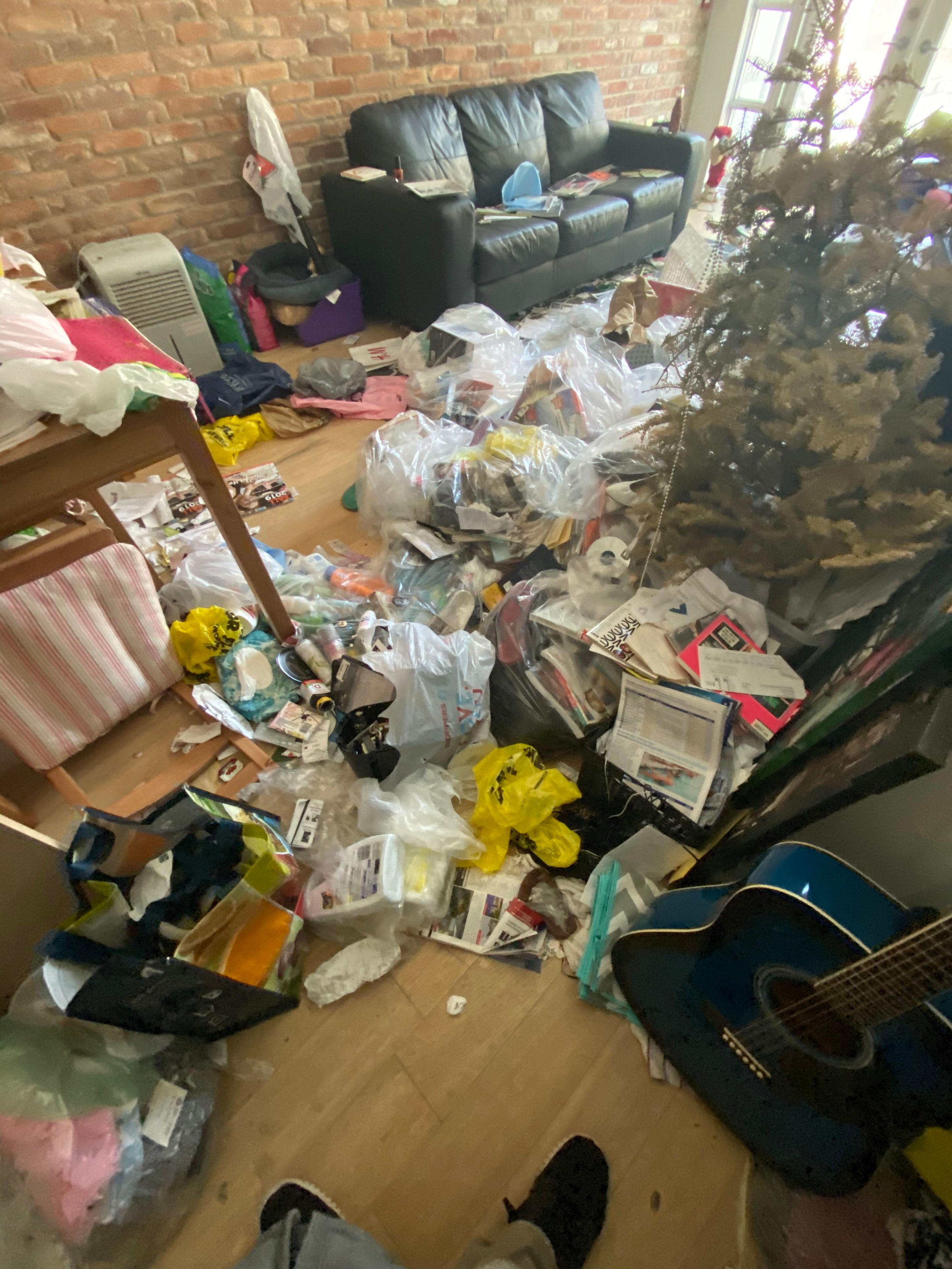 Cluttered residential space requiring cleanup