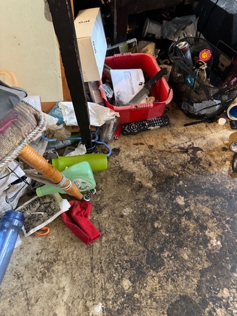 Cluttered storage area with accumulated household items